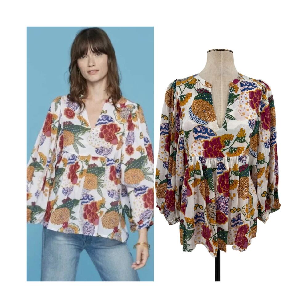 Roller Rabbit Cheri Floral Sasoka V Neck Tunic Blouse White NWT Size Medium
